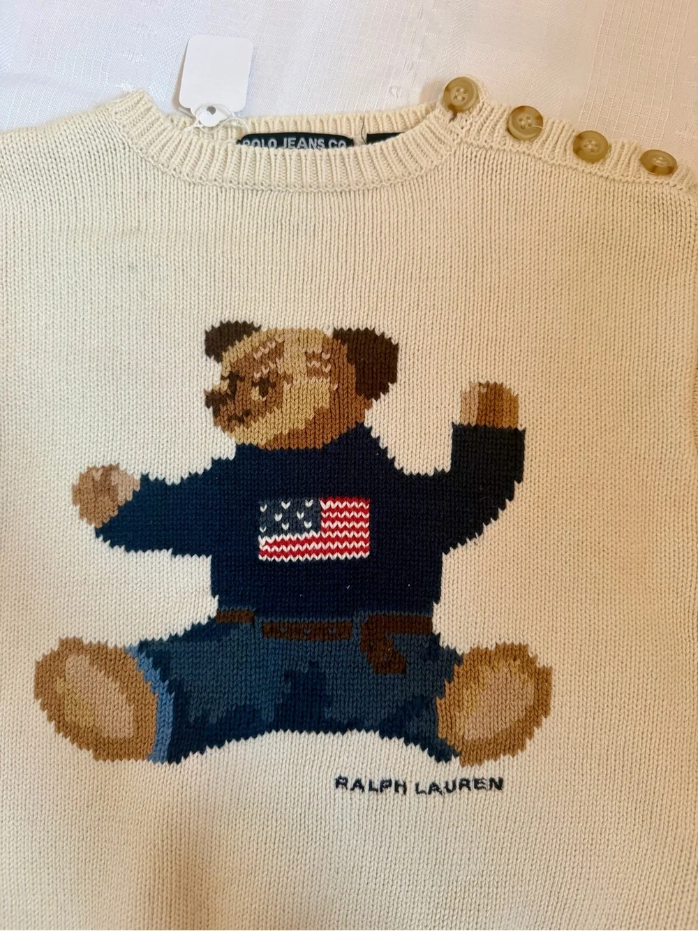 Vintage Ralph Lauren Cream Kids Bear Sweater with Navy Intarsia - Handframe